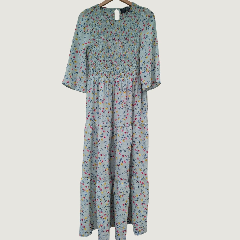 Code X Mode Smocked Floral Maxi Dress Womens L Sage Green Tiered Cottagecore